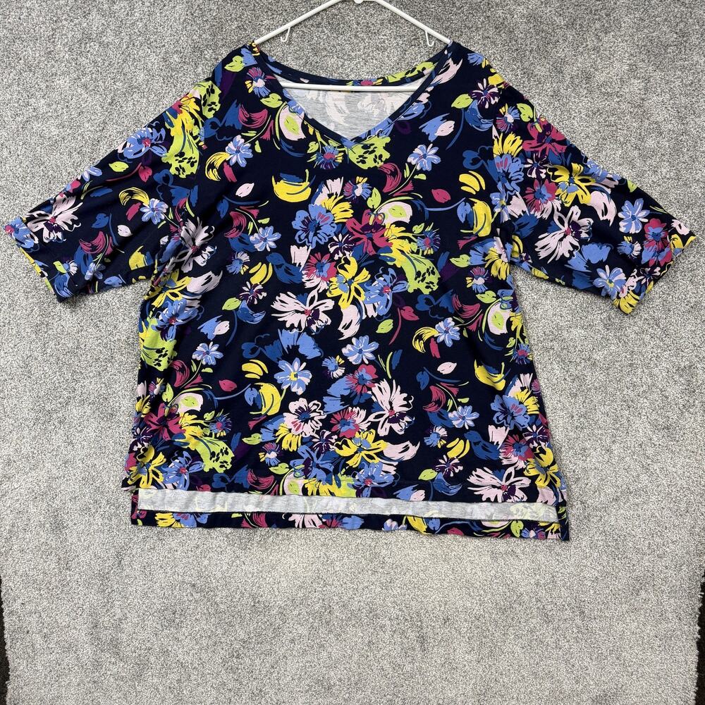 Woman Within Shirt Womens 2X Plus Blue Floral V-Neck Boho Cottagecore 3/4 Sleeve